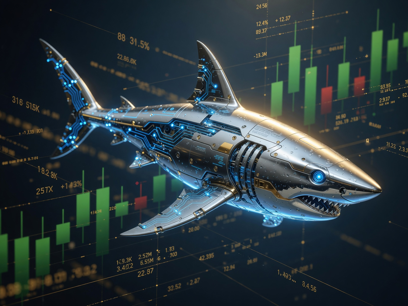 Tubarão tecnológico sobre gráficos do mercado financeiro